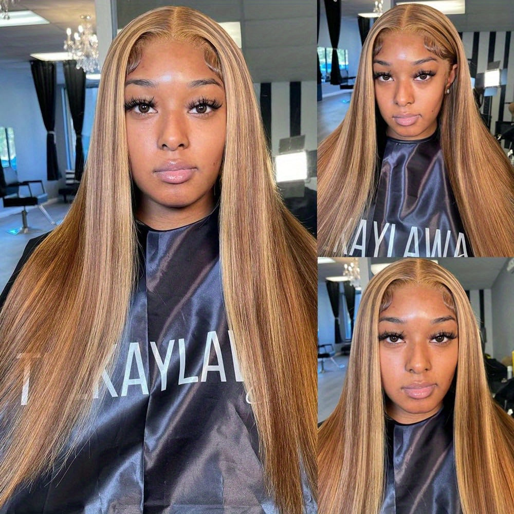 Honey Blonde 13X4 HD Lace Front Wig Human Hair Highlight Straight Lace Frontal Wigs Human Hair Pre Plucked 28 Inch 180 Density Ombre Wigs for Women P4/27 Colored Glueless Wig with Baby Hair